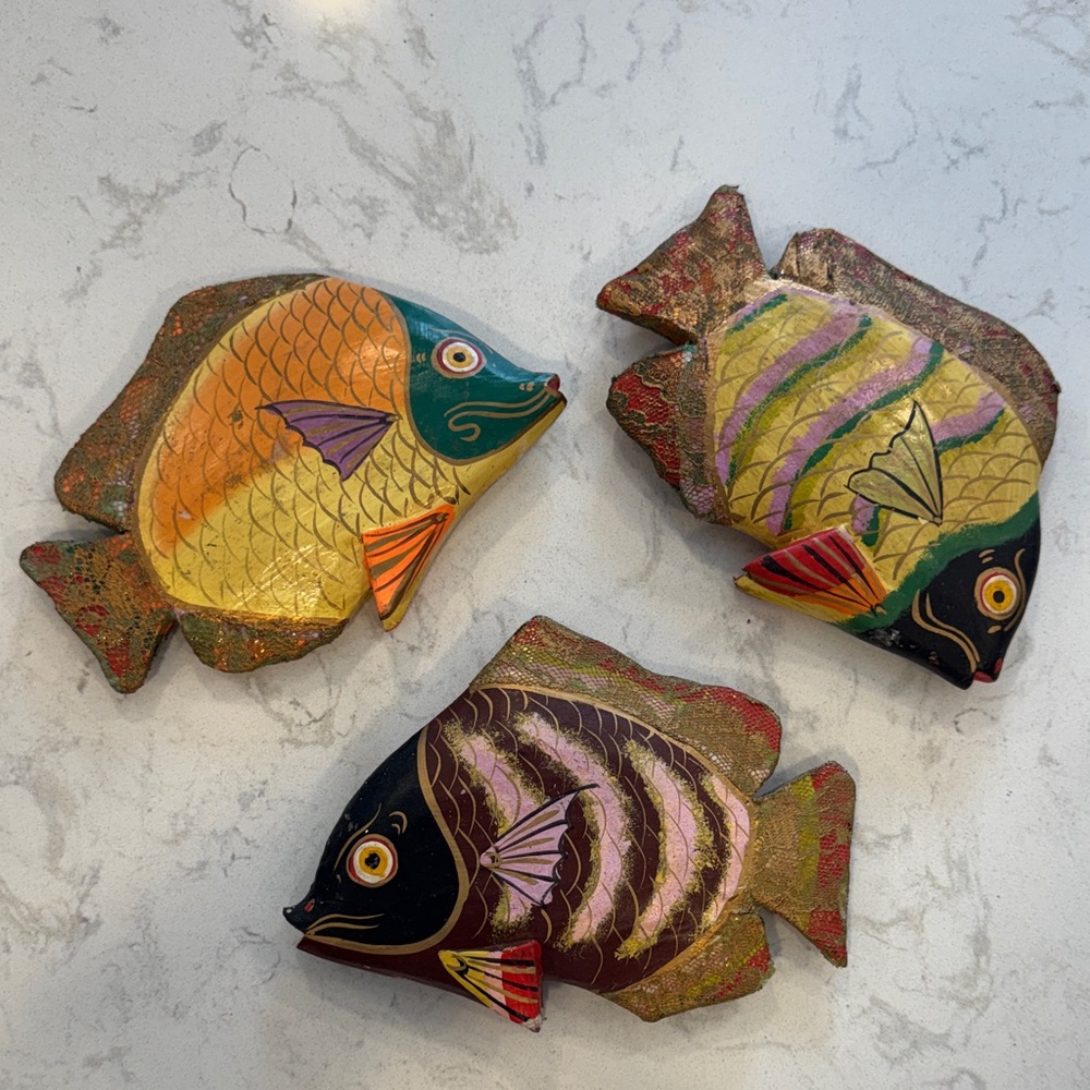 Handcrafted Hand Painted Carved Wooden Fish Decor Set of 3